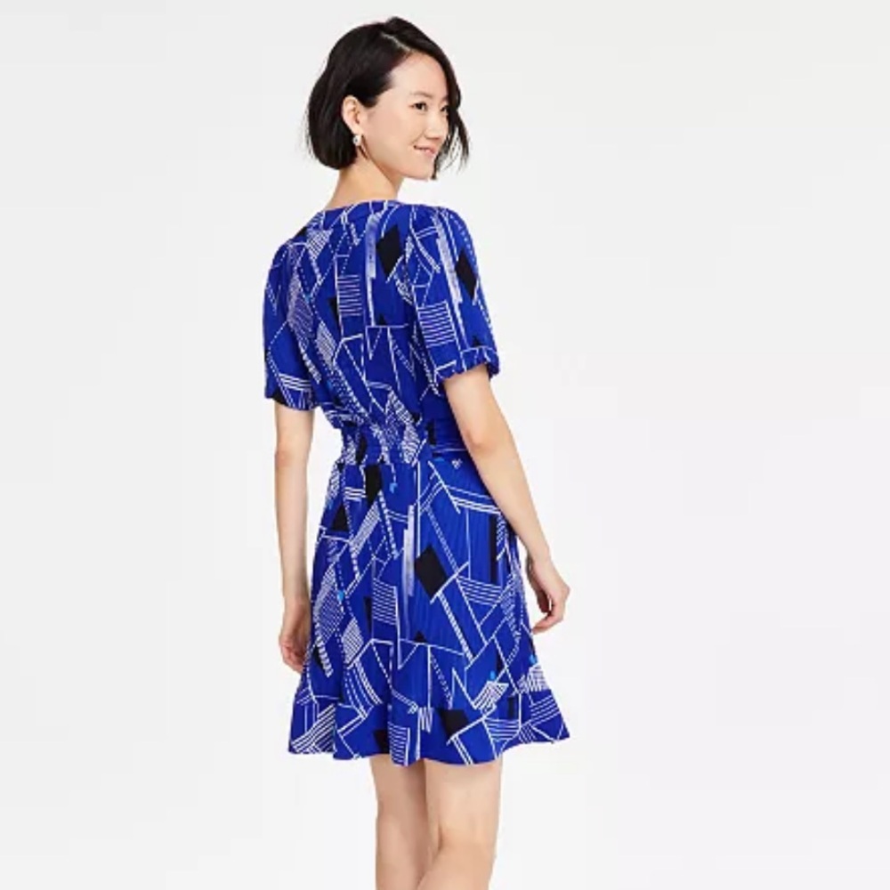 Karl Lagerfeld Paris Geometric Print Wrap Mini Dress Royal Blue Womens Size 12 - Picture 4 of 9